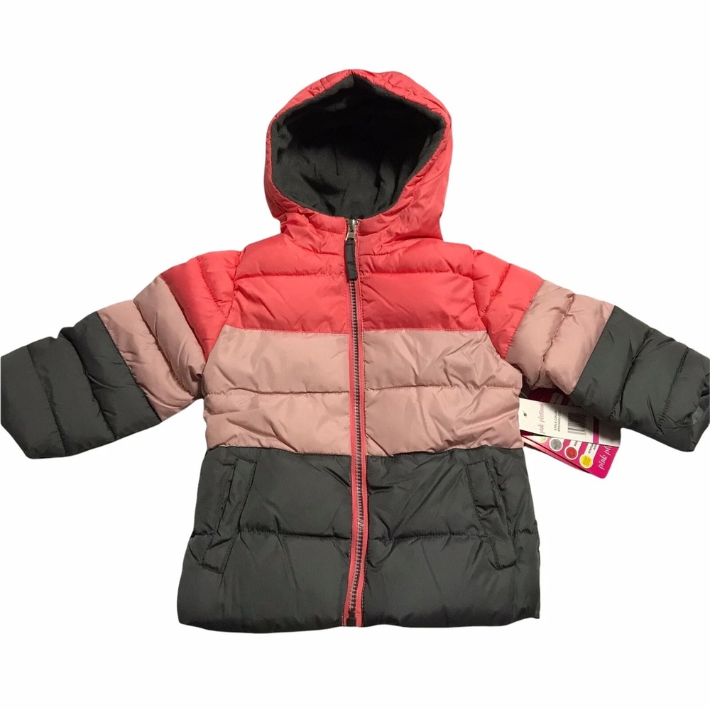 Pinkโ Platinum Baby Girls Hooded Puffer Jacket Size 24M Pink-Gray Fleece Lining